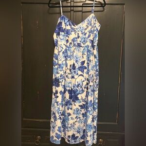 NWT! H&M Linen-Cotton Blend Blue and White Floral Midi Dress
